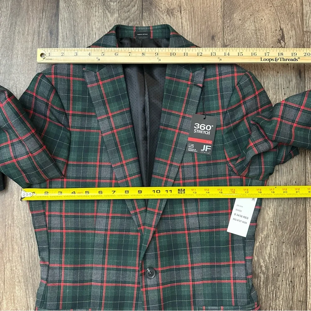 JF J Ferrar Sports Coat Slim Suit Jacket Men's S 34/36 Reg Plaid Red Green